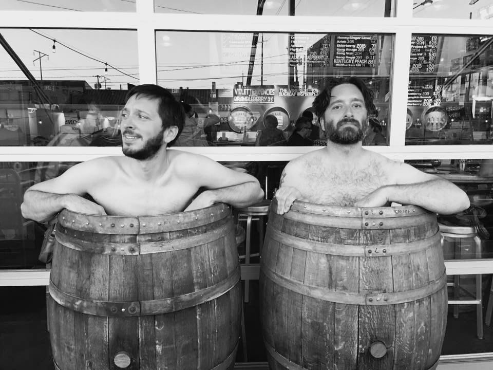 Chris & Andrew in barrels at Cascade Brewing